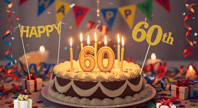 Festive 60th Birthday Celebration with Cake and Decorations.
