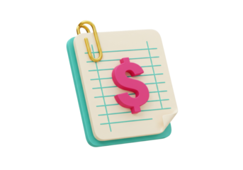 Pink dollar sign on lined paper PNG isolated, financial document with paperclip for accounting and business use on transparent background