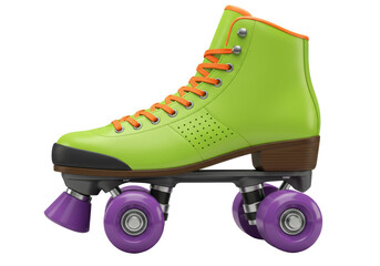Retro green roller skate PNG isolated on transparent background, vintage quad skate with purple wheels for roller skating and recreation