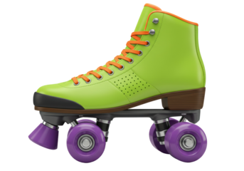Retro green roller skate PNG isolated on transparent background, vintage quad skate with purple wheels for roller skating and recreation