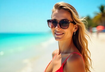 Naklejka premium ​A young woman with blonde hair and sunglasses smiling at a sunny tropical beach, clear turquoise water, blue sky