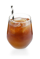 Tasty iced coffee with straw in glass isolated on white