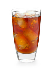 Tasty coffee with ice cubes in glass isolated on white