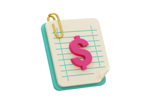 Pink dollar sign on lined paper PNG isolated, financial document with paperclip for accounting and business use on transparent background