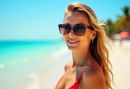 A young woman with blonde hair and sunglasses smiling at a sunny tropical beach, clear turquoise water, blue sky - Powered by Adobe
