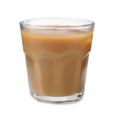 Tasty iced coffee with milk isolated on white