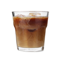 Tasty iced coffee with milk isolated on white