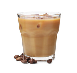 Tasty iced coffee with milk and beans isolated on white