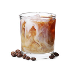 Tasty iced coffee with milk and beans isolated on white