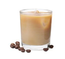 Tasty iced coffee with milk and beans isolated on white