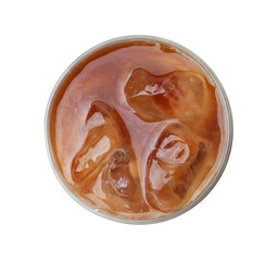 Tasty coffee with ice cubes and milk isolated on white, top view