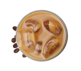 Tasty iced coffee with milk and beans isolated on white, top view
