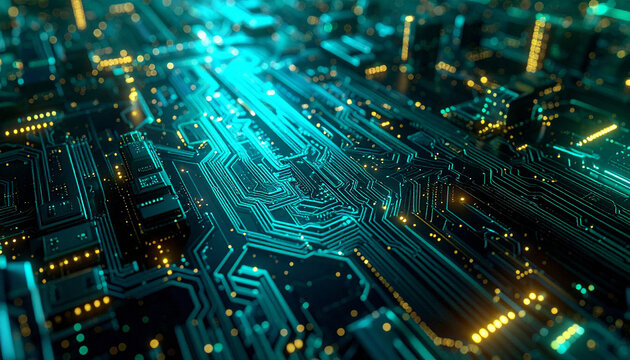 Circuit Board Cityscape: A mesmerizing display of intricate circuit board pathways merges with the illuminated skyline, creating a harmonious blend of technology and urban infrastructure.