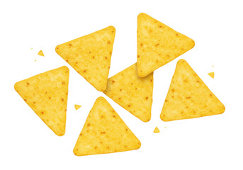 Pile of golden triangle tortilla chips isolated PNG on transparent background, crunchy snack for party and appetizer