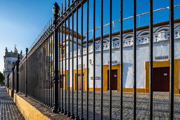 Naklejka premium Wrought iron gate casts shadows at Seville's historic bullring