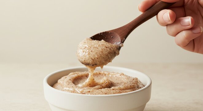 Creamy nut butter being scooped with a wooden spoon in a bowl   - Powered by Adobe