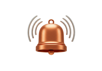 Shiny copper bell ringing isolated PNG, notification alert symbol on transparent background for graphic design and social media use