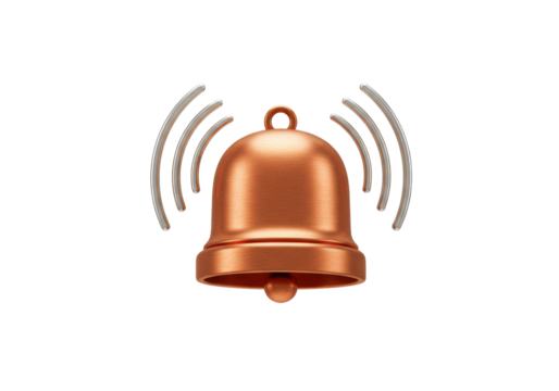 Shiny copper bell ringing isolated PNG, notification alert symbol on transparent background for graphic design and social media use - Powered by Adobe