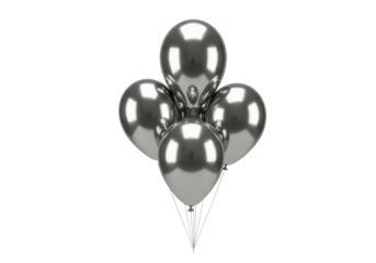 Silver metallic balloons isolated PNG on transparent background, festive party decoration for birthday celebration and special events
