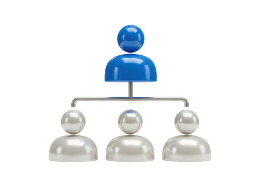 Blue and silver hierarchical organization chart isolated PNG, 3D render of business structure for management and team leadership