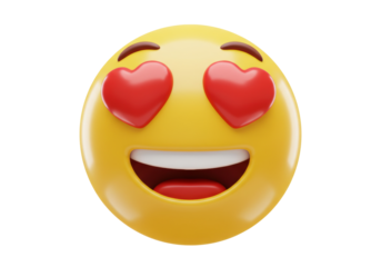 Yellow emoji with heart eyes isolated PNG on transparent background, love and happiness emoticon for social media and design use