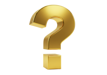 Golden question mark PNG isolated on transparent background, 3D rendering symbol for uncertainty and problem solving