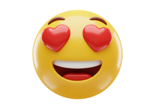 Yellow emoji with heart eyes isolated PNG on transparent background, love and happiness emoticon for social media and design use