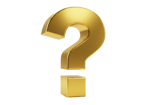 Golden question mark PNG isolated on transparent background, 3D rendering symbol for uncertainty and problem solving