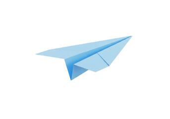 Light blue paper airplane isolated PNG on transparent background, origami toy for travel, freedom and childhood concepts