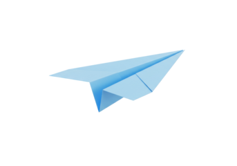 Light blue paper airplane isolated PNG on transparent background, origami toy for travel, freedom and childhood concepts