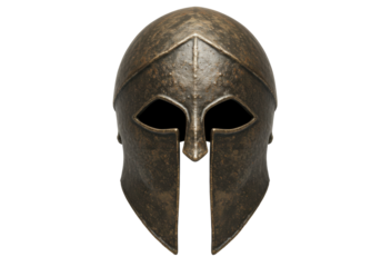 Bronze Corinthian helmet isolated PNG on transparent background, ancient Greek military headgear for historical reenactment and design