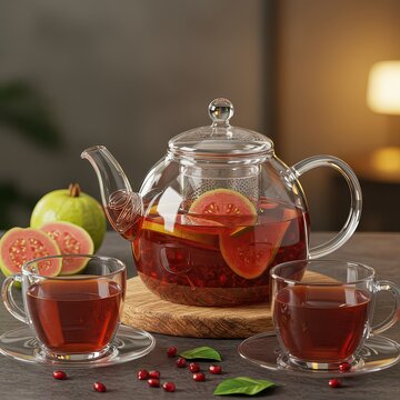 Glass teapot with guava herbal tea and fresh guava slices, healthy hot beverage for relaxation or detox, wellness drink in warm cozy setting with clear tea cups