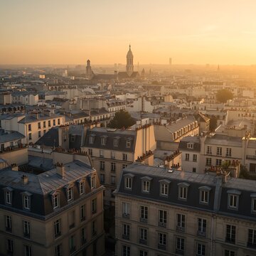Fototapeta Parisian rooftops bathed in golden sunrise light, Montparnasse Tower in distance.