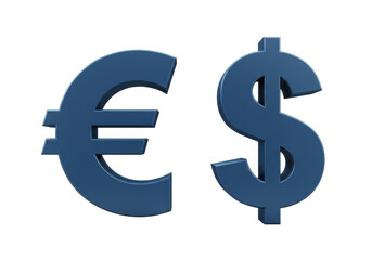 Obraz premium Euro and dollar signs isolated PNG on transparent background, blue currency symbols for finance, business, and international trade concepts