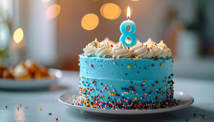Beautiful birthday cake with number 8 candle lit, creamy frosting, sweet food, festive dessert.