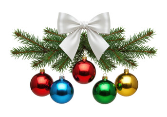Festive Christmas ornament arrangement isolated PNG, evergreen branches with colorful baubles and white bow for holiday decoration