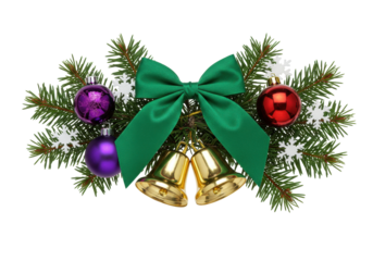 Christmas decoration with fir branches, ornaments, bells and green bow isolated PNG, festive holiday arrangement on transparent background