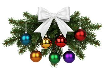 Festive Christmas fir branch with colorful baubles and white bow isolated PNG, holiday decoration on transparent background