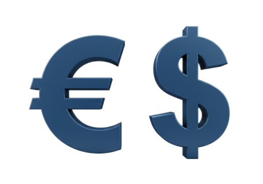 Euro and dollar signs isolated PNG on transparent background, blue currency symbols for finance, business, and international trade concepts