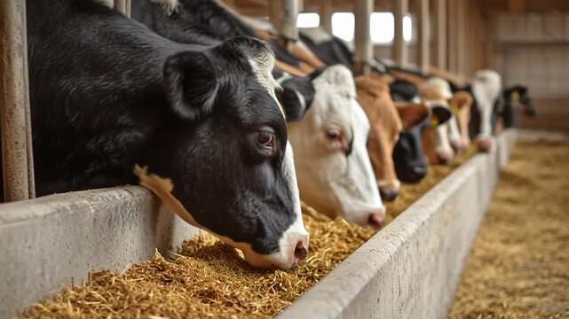 A row of dairy animals, head-on, feeding from a trough filled with hay, in a rustic indoor setting