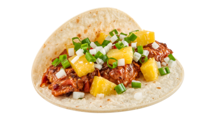 Mexican taco with pineapple, marinated meat, onion, and green onion on flour tortilla isolated on the transparent background