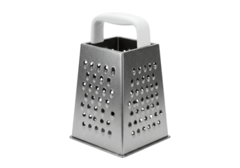 Silver box grater isolated PNG on transparent background, kitchen utensil for grating cheese and vegetables, cooking tool
