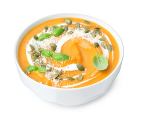 Delicious pumpkin soup with spices, cheese and sour cream in bowl isolated on white