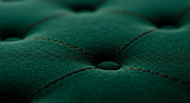 Close up detail of dark green tufted velvet upholstery texture.