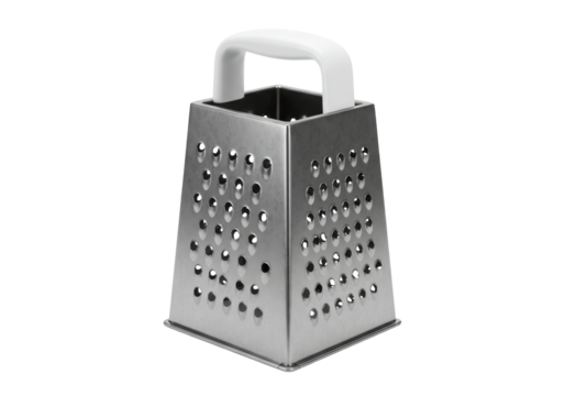 Silver box grater isolated PNG on transparent background, kitchen utensil for grating cheese and vegetables, cooking tool
