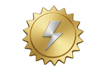 Golden sunburst badge with lightning bolt PNG isolated on transparent background, energy symbol for business and design use