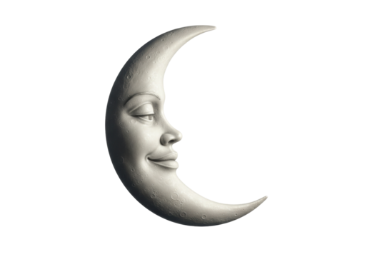 Smiling moon face isolated PNG on transparent background, crescent moon with human features for dreamy and whimsical designs