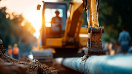 Backhoe excavator digging trench for pipeline installation heavy machinery infrastructure construction equipment earthmoving operation construction site operator cab