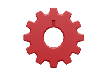 Red gear PNG isolated on transparent background, cogwheel graphic for engineering and mechanical design projects