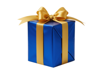 Blue gift box with golden ribbon isolated PNG, present for birthday or Christmas on transparent background